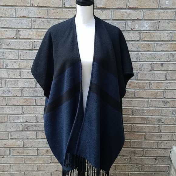 LOFT Sweaters - Loft Black & Navy Fringe Wrap/Poncho